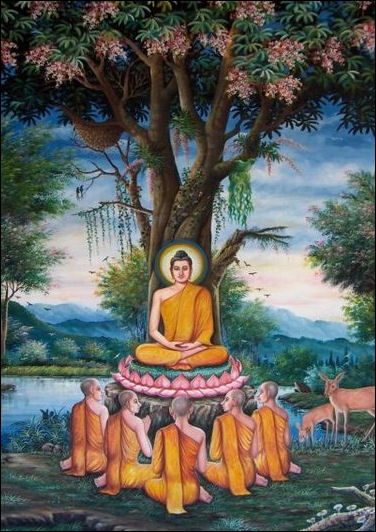 20120430-first sermon Sermon_in_the_Deer_Park_depicted_at_Wat_Chedi.jpeg